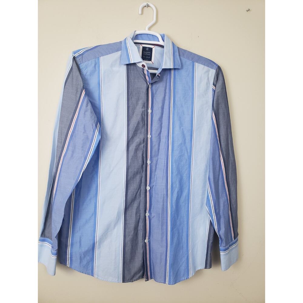 BUGATTI Shirt Mens Size L Blue Striped Cotton Casual Business Cottagecore